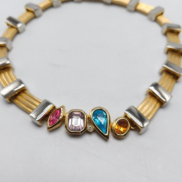 1980s Multicolor Gemstone Gold-Tone & Silver-Tone Collar Necklace Signed Maresco - Picture 3 of 6